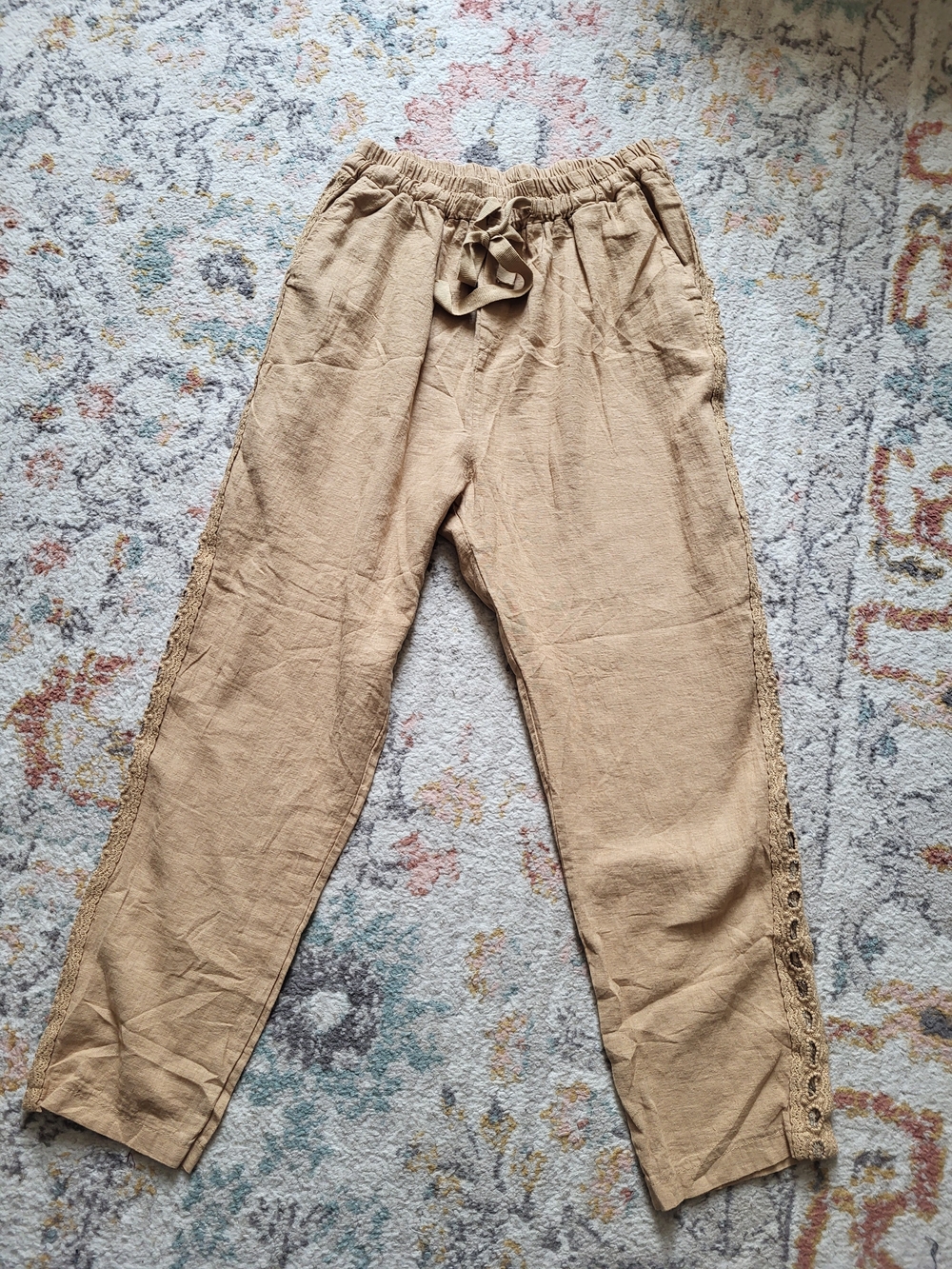 Milio Milano Women's Tan Drawstring Linen & Cotton Blend Lace Sequin Pants